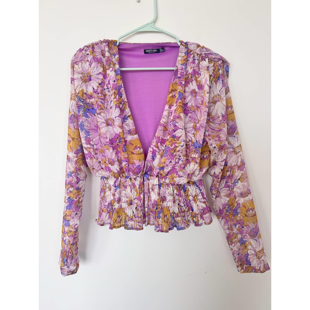 Nasty Gal Purple Floral Peplum Long Sleeve Blouse